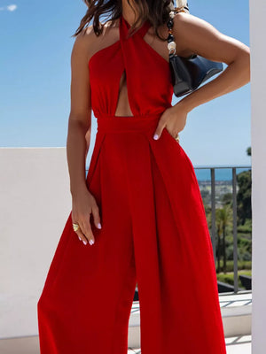 Halter Neck Cut-out Wide-leg Jumpsuit in Red-Violet