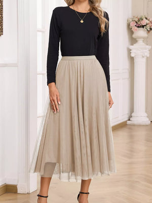 Lace overlay flared midi skirt in beige with a sheer hem detail.