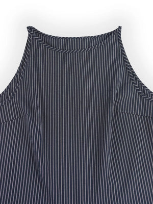 Chic navy pinstripe sleeveless top with a high neckline.