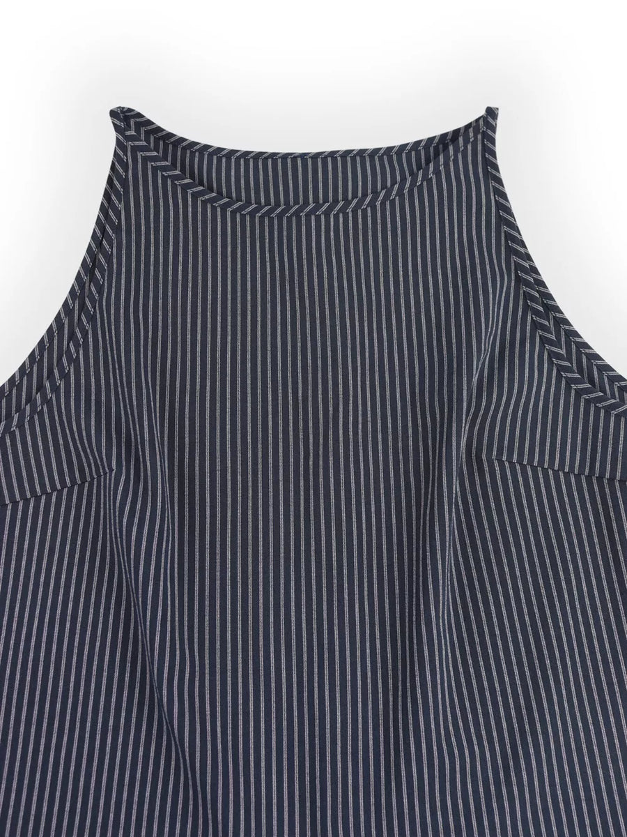 Chic navy pinstripe sleeveless top with a high neckline.