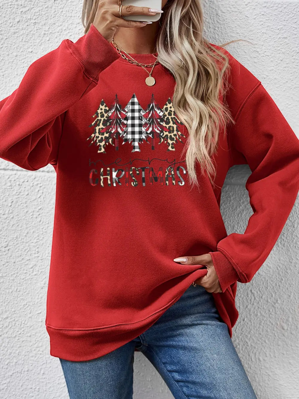Christmas graphic print crewneck sweatshirt in Deep Red with buffalo plaid and leopard trees.