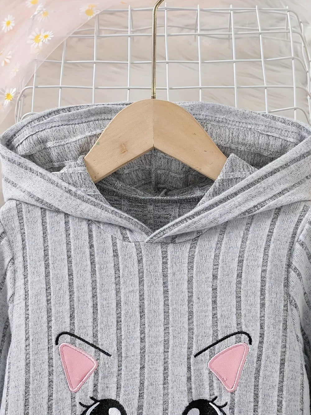 Children's Ribbed Knit Hooded Top And Pants Set in Light Gray