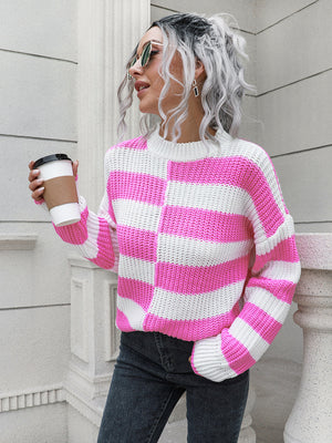 Dreamweave Drape Sweater in Fuchsia Pink and white striped acrylic, crewneck, long sleeve, relaxed fit