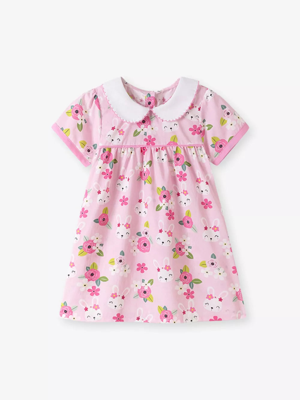 Pink cotton toddler dress with bunny and floral print, Peter Pan collar.