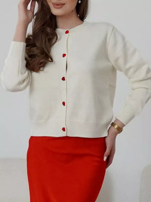 Cream long sleeve cardigan with red heart buttons and crew neck