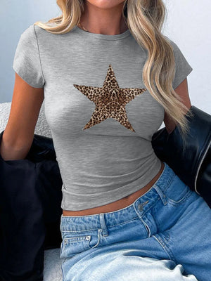 Gray fitted tee with a leopard print star graphic on the chest.