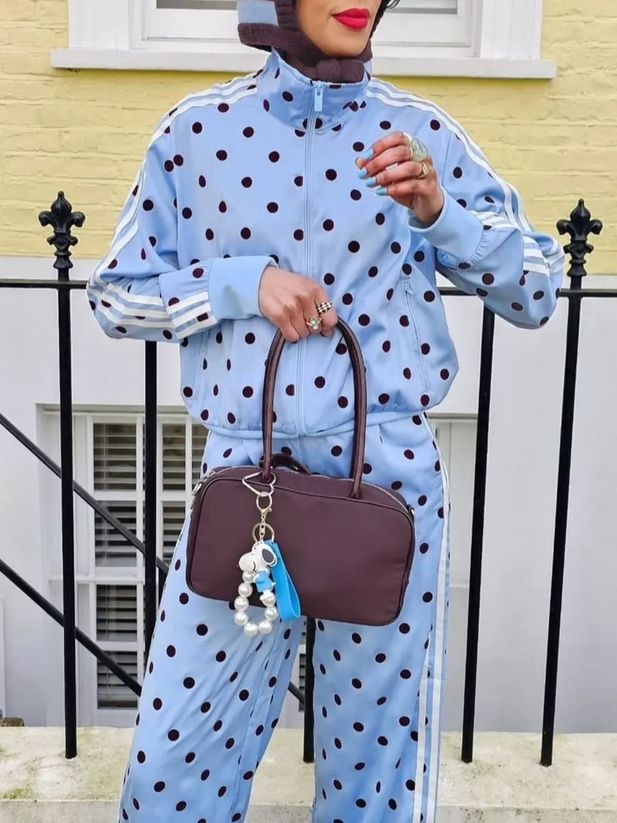 Black with Polka Dot Zip Up Outerwear And Pants Set