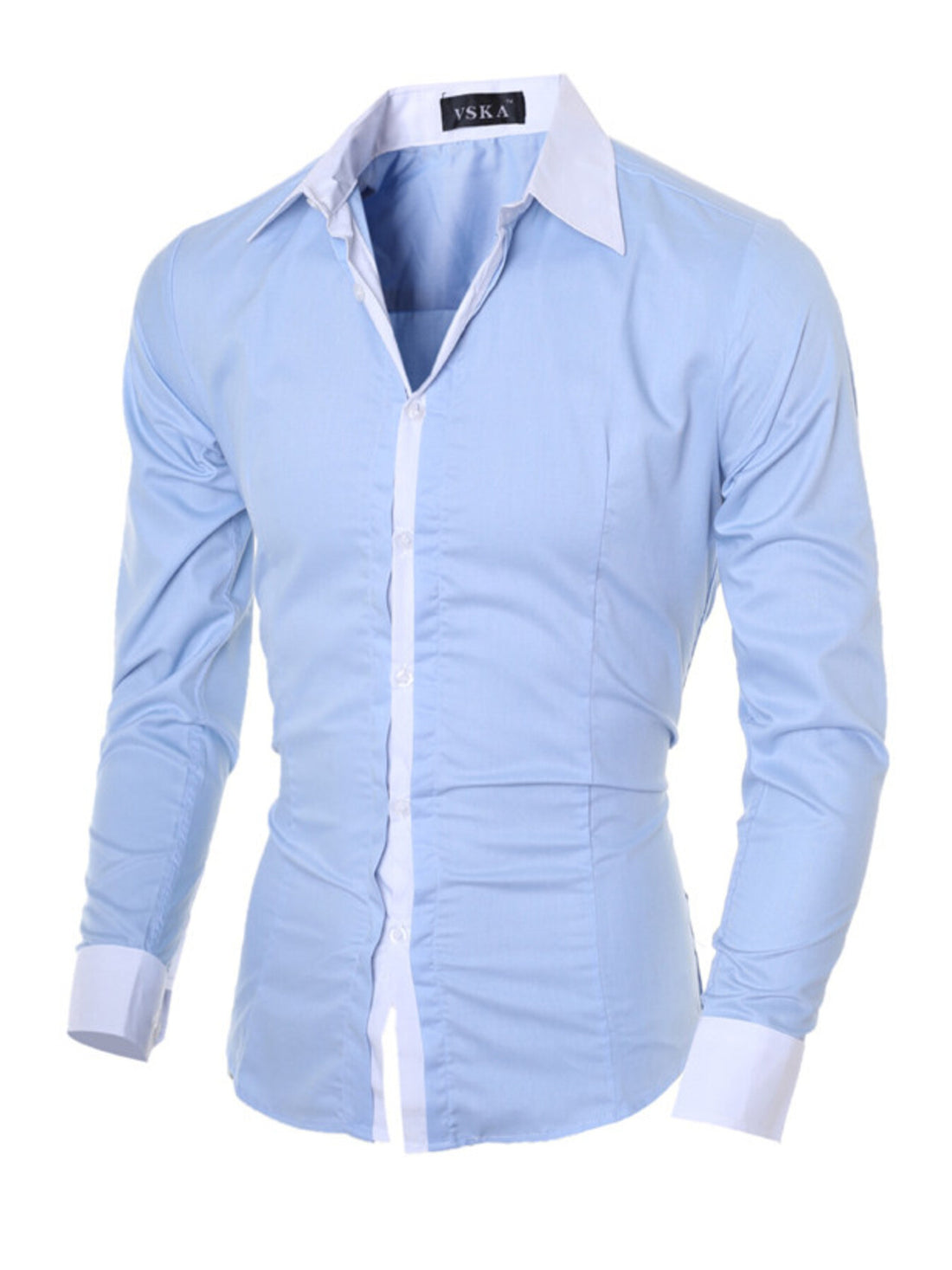Men's blue slim fit long sleeve buttoned shirt with white collar and cuffs
