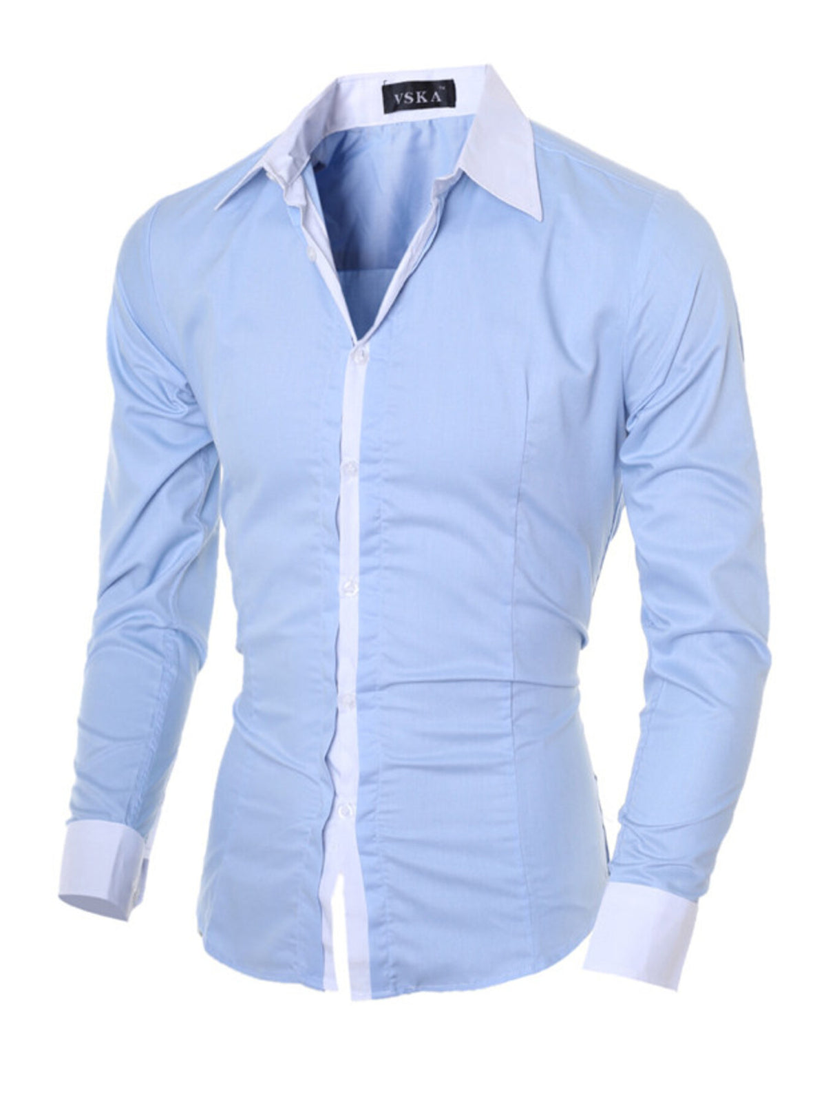 Men's blue slim fit long sleeve buttoned shirt with white collar and cuffs