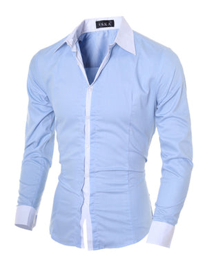 Men's blue slim fit long sleeve buttoned shirt with white collar and cuffs