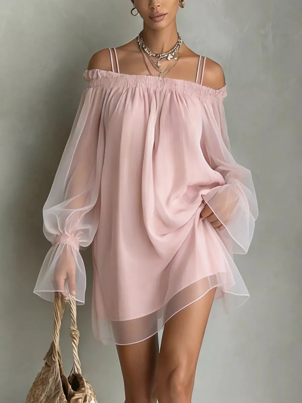 mini dress in blush pink featuring mesh and A-line fit