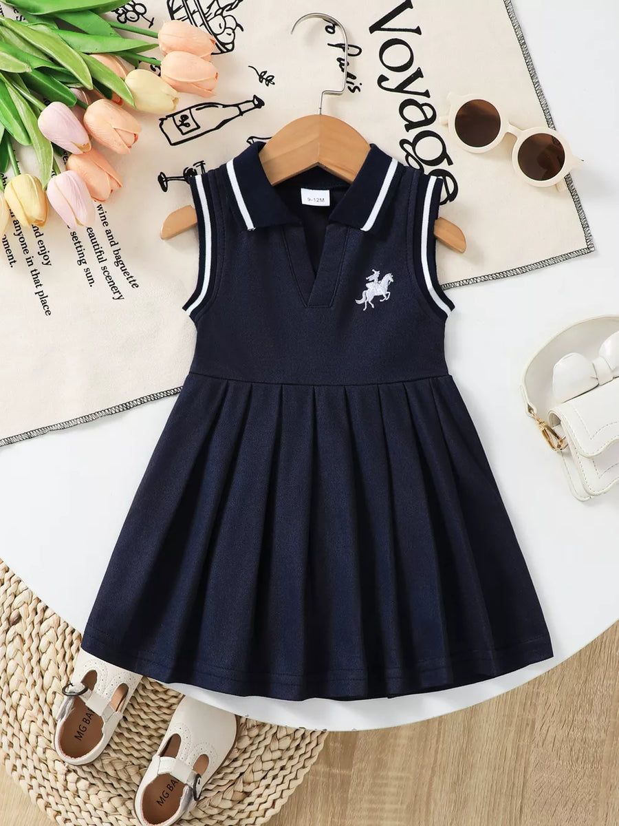 Navy sleeveless baby dress with white trim collar and equestrian embroidery, pleated skirt.
