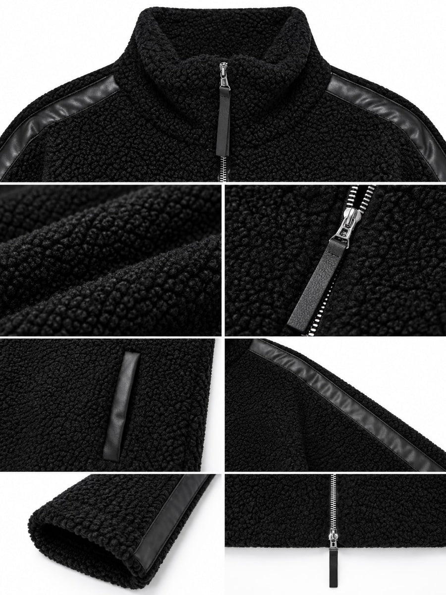 Khaki-Ribbed sherpa jacket with pocketed and long sleeve
