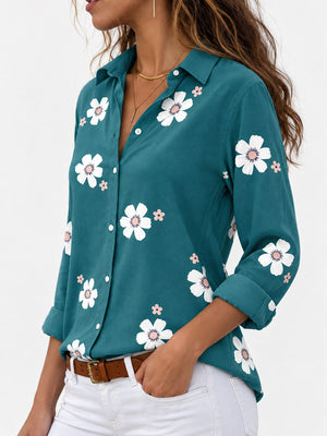 Full Size Floral Print Button-Down Shirt Plus Size in Grey with buttoned