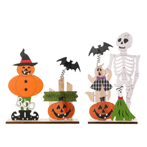 Spooky wooden Halloween scene set with pumpkin scarecrow, ghost, skeleton, bats, and pumpkins.