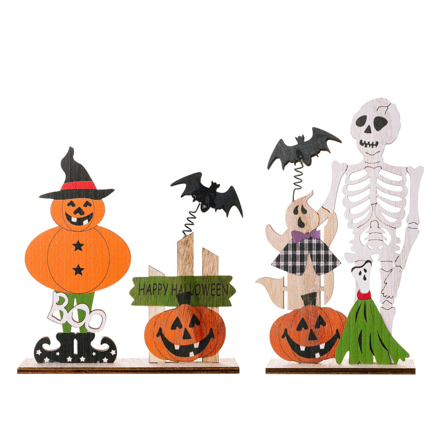 Spooky wooden Halloween scene set with pumpkin scarecrow, ghost, skeleton, bats, and pumpkins.