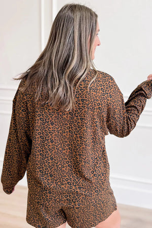 Leopard Print Long Sleeve Henley Top & Shorts Set option 4