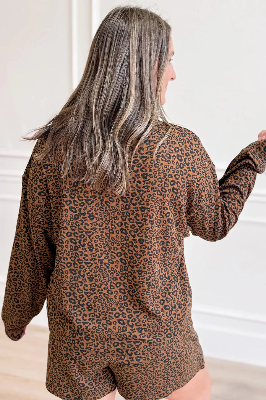 Leopard Print Long Sleeve Henley Top & Shorts Set option 4