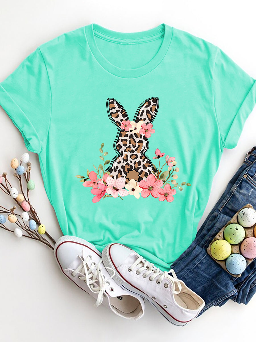 Aqua crewneck t-shirt with leopard bunny graphic and floral accents