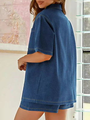 100% polyester Care instructions: Machine wash cold matching set in medium blue with relaxed silhouette