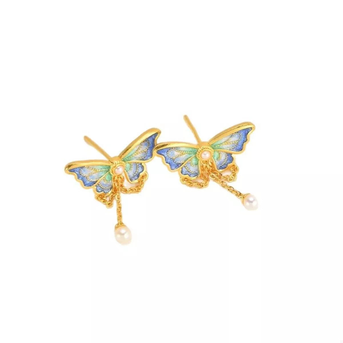 18K gold-plated butterfly earrings in cerulean with pearl drop charms