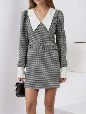 black mini dress with houndstooth and collared