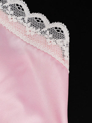 Pink satin camisole with delicate white lace trim detail