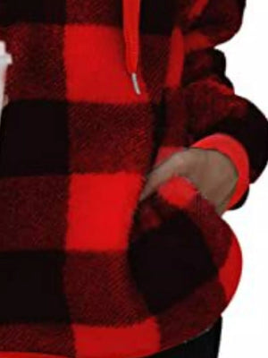 Red and black plaid sherpa drawstring hoodie with a pocket detail.