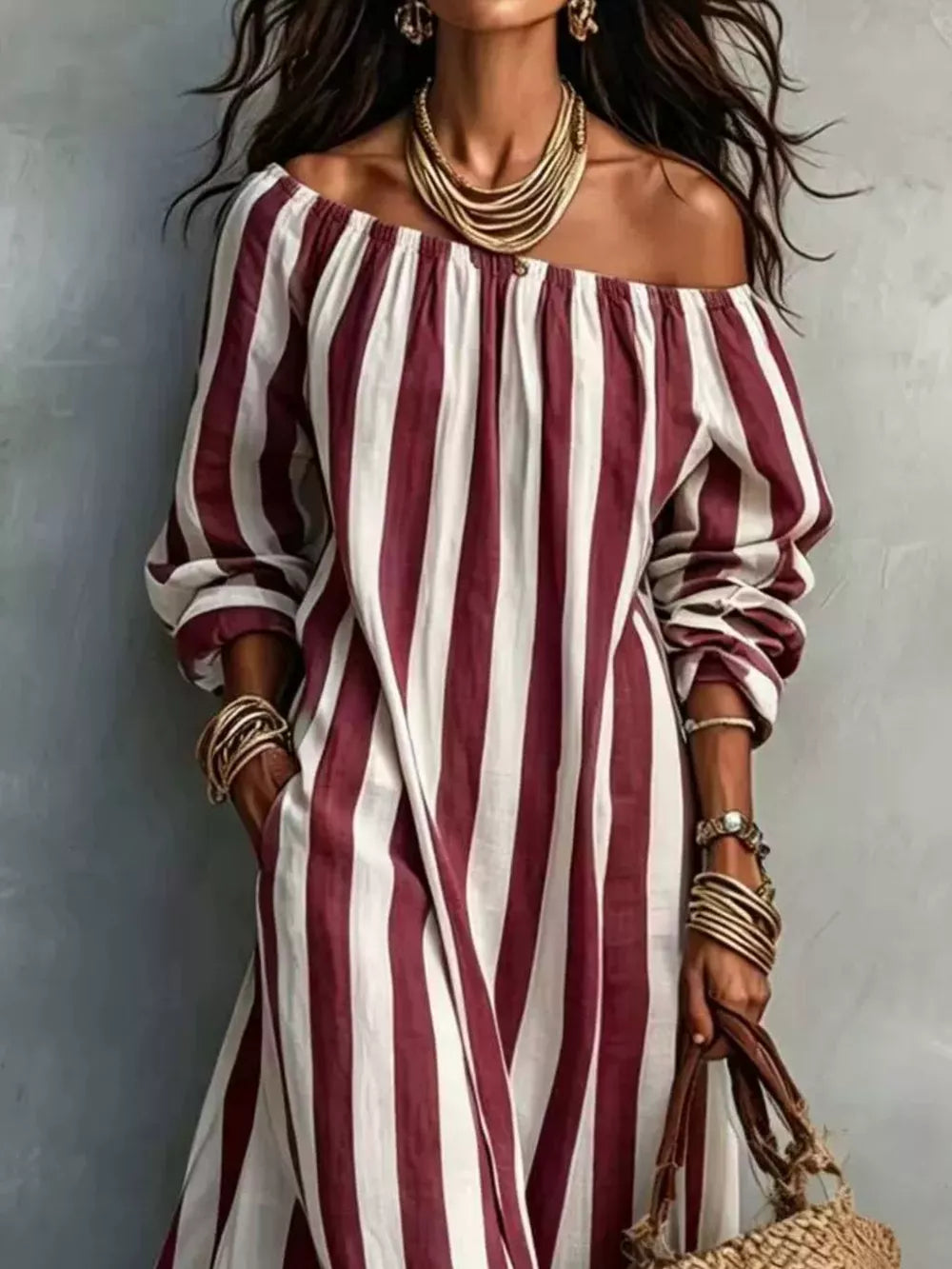 ivory maxi dress featuring pocketed and striped