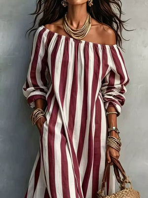ivory maxi dress featuring pocketed and striped