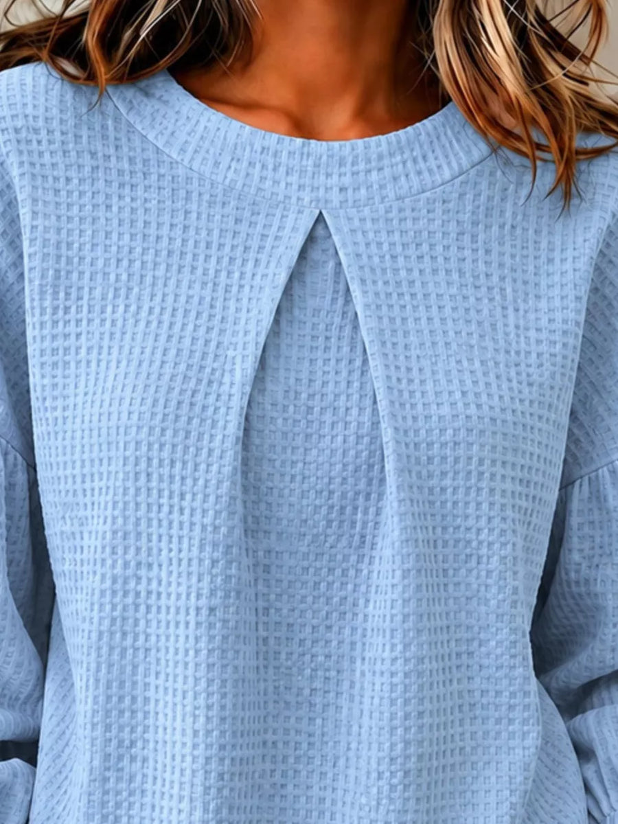 Waffle Knit Round Neck Top in Blue