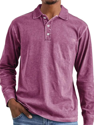Vintage wash long sleeve polo shirt in mauve with button placket and collar.