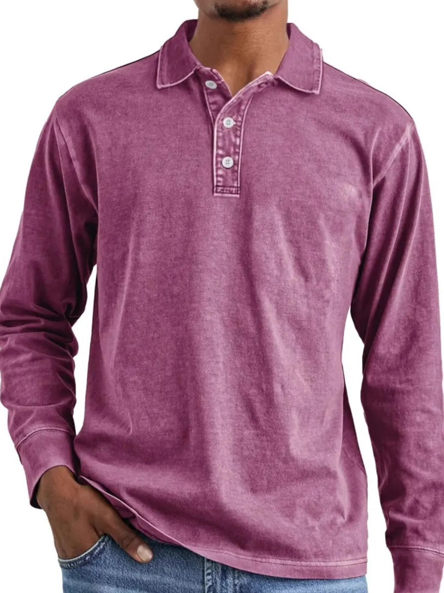 Vintage wash long sleeve polo shirt in mauve with button placket and collar.
