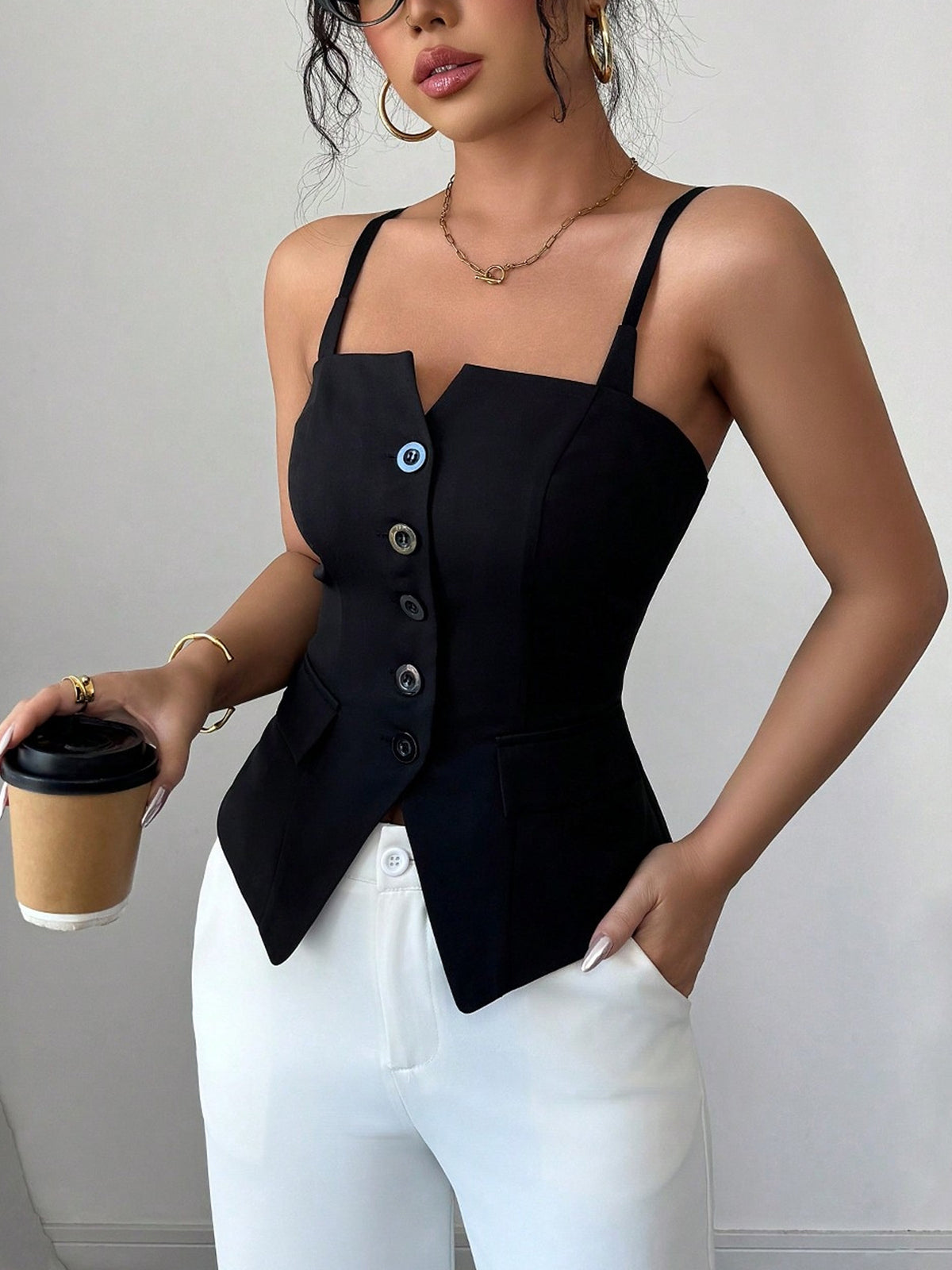 Black V-cut button-front cami top with square neckline and adjustable straps.