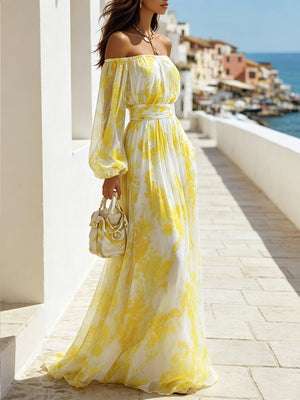 maxi dress in Yellow with abstract and off-shoulder