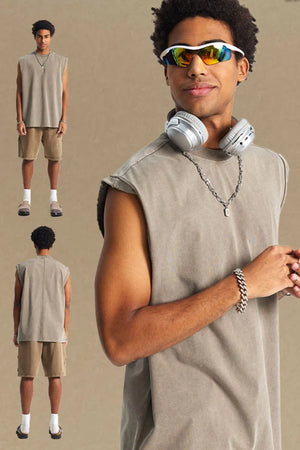 Washed cotton muscle tee in gray, relaxed fit, crew neck, sleeveless.