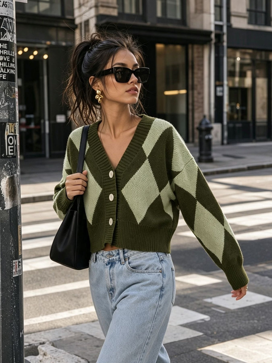 preppy cardigan in Gray with v-neck