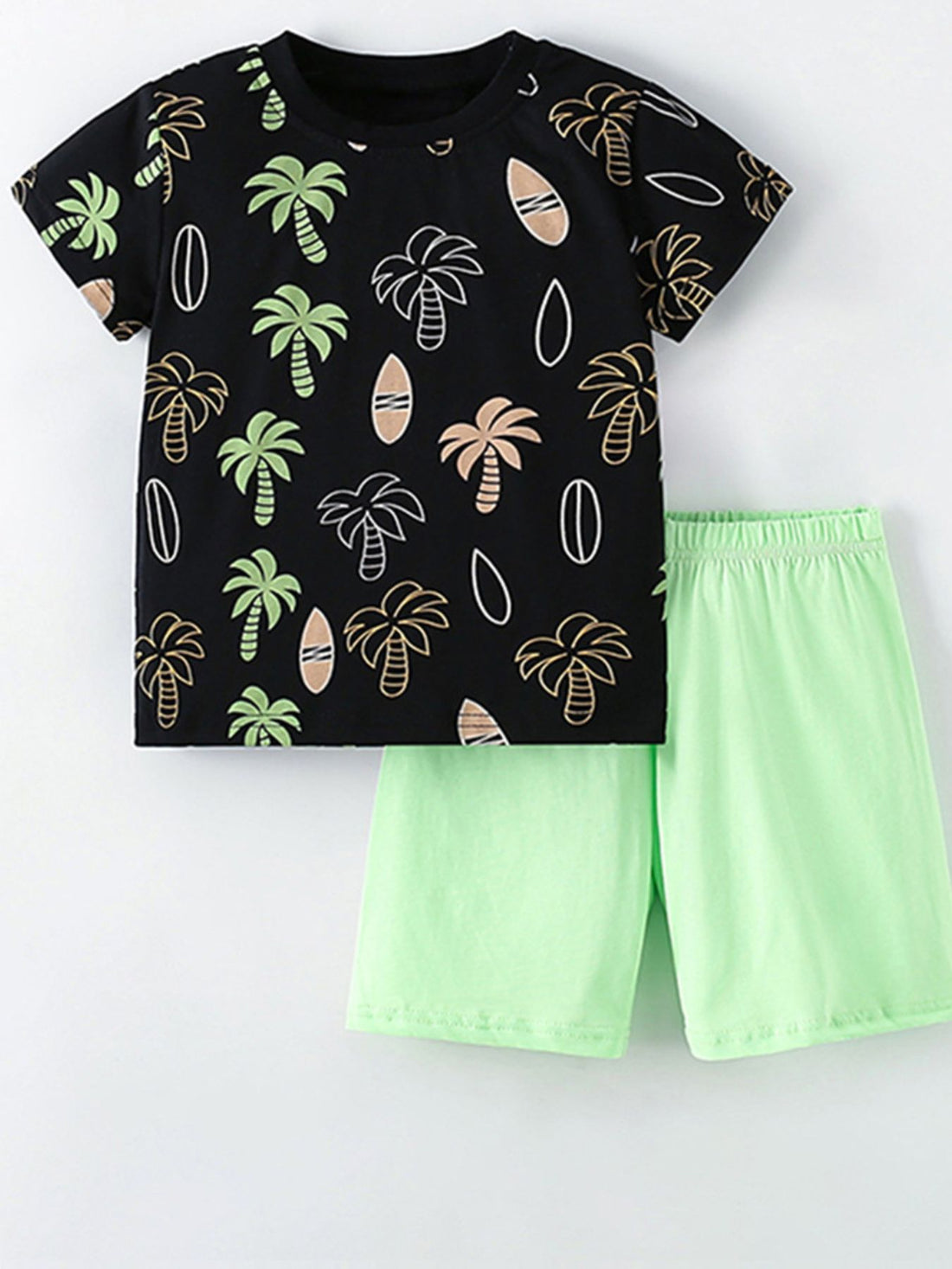 Black tropical print toddler tee and light green cotton shorts set