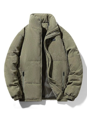 Men's plus-size padded corduroy puffer jacket in army green with a stand-up collar and zip pockets.