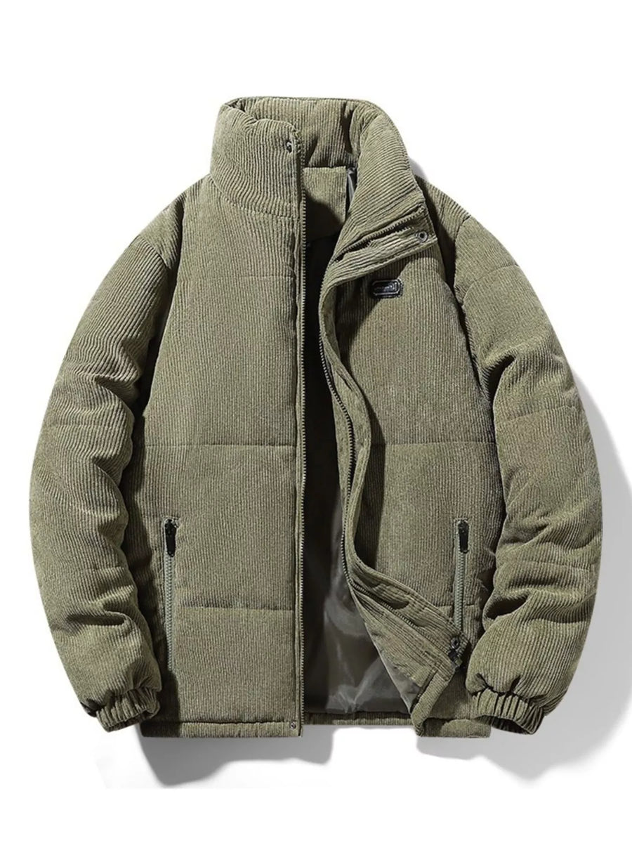 Men's plus-size padded corduroy puffer jacket in army green with a stand-up collar and zip pockets.