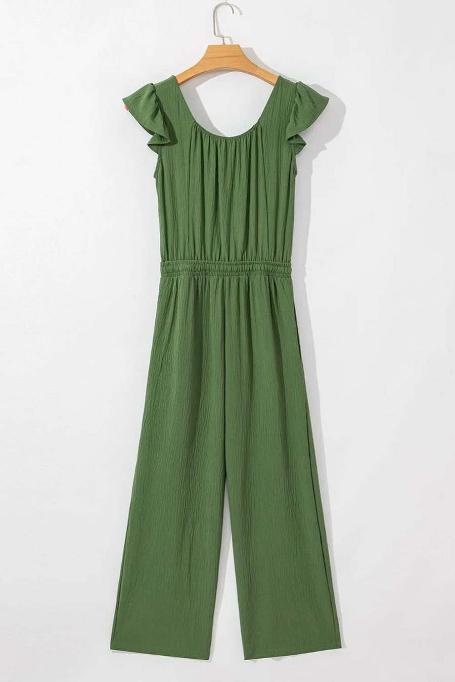 Matcha green textured drawstring palazzo jumpsuit with ruffle sleeves and cinched waist.