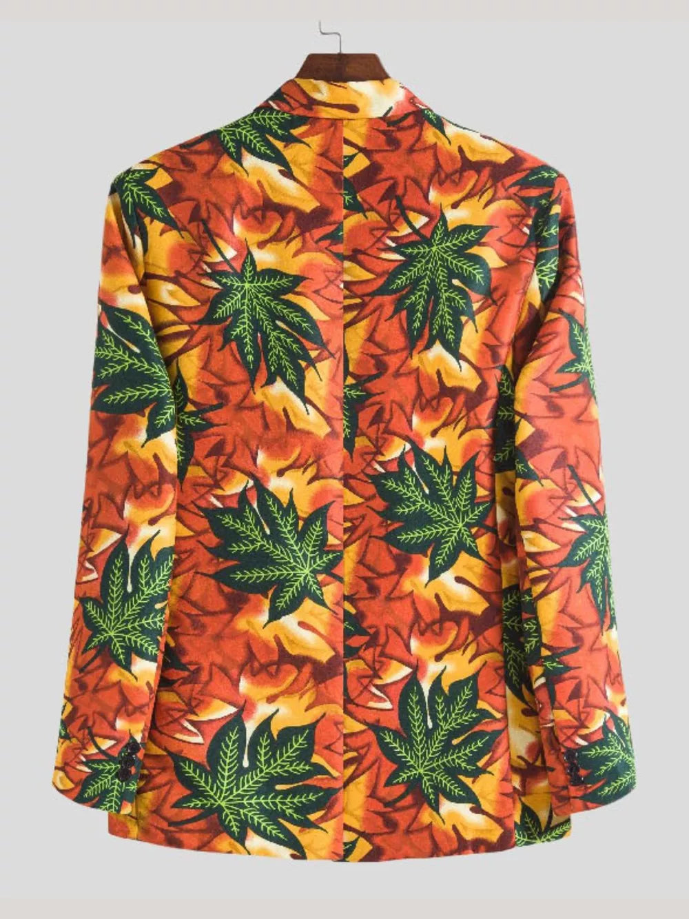 yellow blazer featuring buttoned and leaf-print