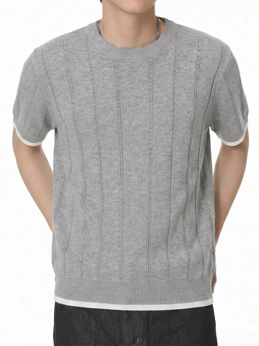 Grey knit t-shirt with crew neck, short sleeves, and contrast white accents on cuffs and hem.