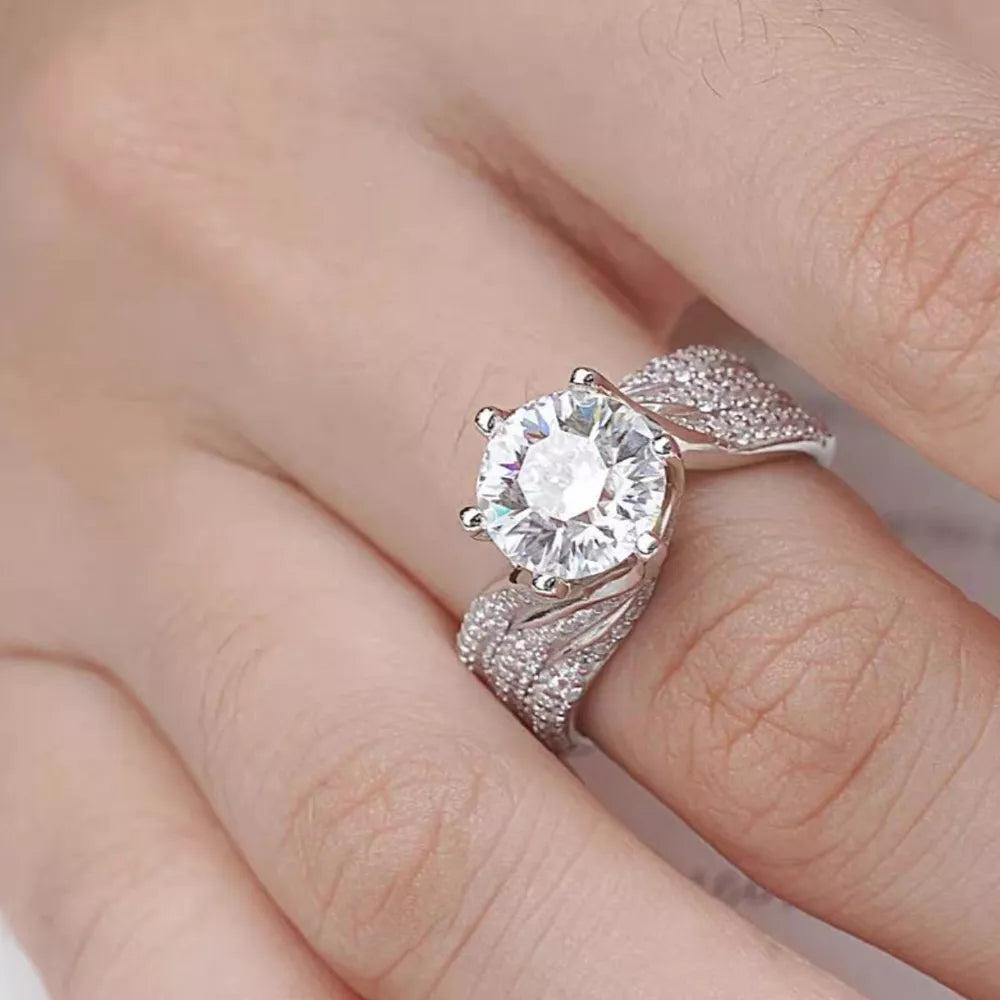 Exquisite Moissanite Solitaire Ring in Silver with pave band