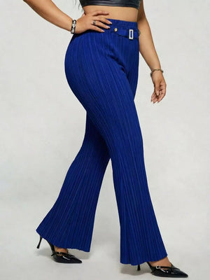 Royal blue ribbed high-waist flare maternity trousers with buckle detail and wide leg.