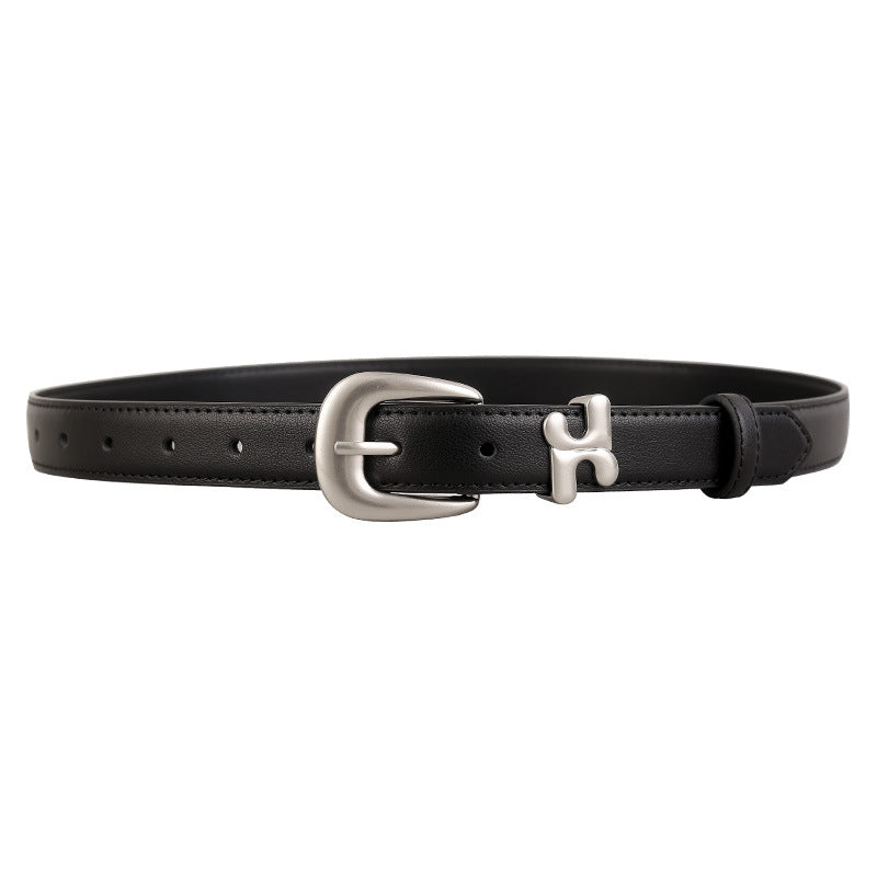 Black cowhide leather belt with silver H-shaped buckle and Western-style buckle.