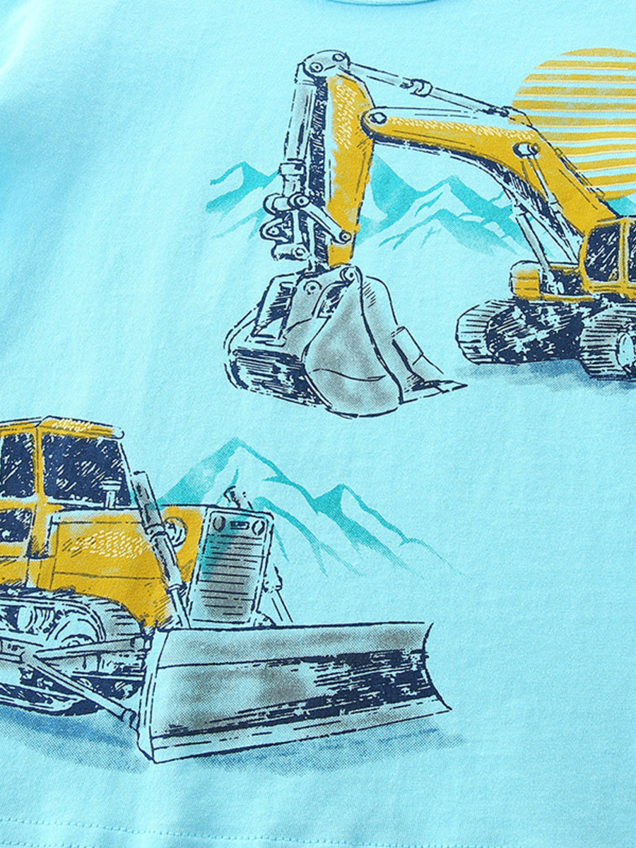 Toddler t-shirt in light blue with excavator and bulldozer graphic print.