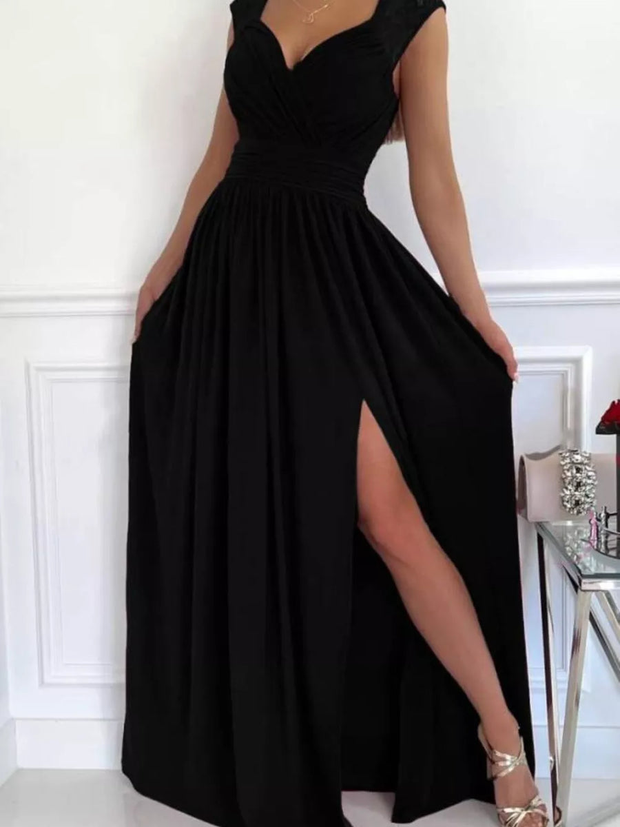 Black maxi dress with lace accents, sweetheart neckline, and high slit.