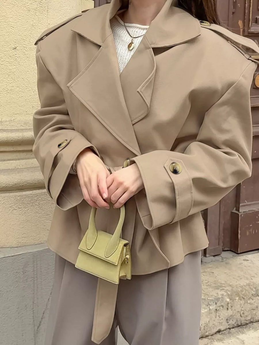 Khaki with Chic Double-breasted Belted Trench Coat in Khaki
