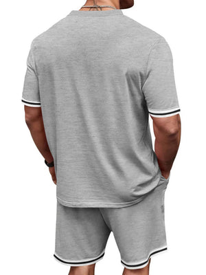 Grey t-shirt and shorts set with striped cuffs and hem